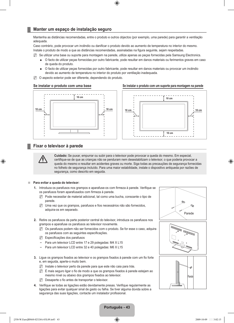 Manter um espaço de instalação seguro, Fixar o televisor à parede | Samsung LE32B550A5P User Manual | Page 349 / 458