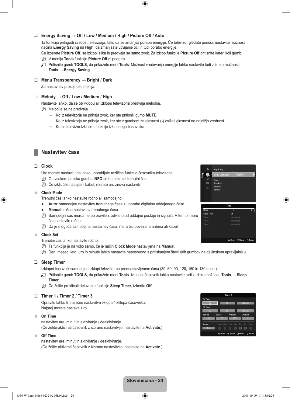 Nastavitev časa, Menu transparency → bright / dark, Melody → off / low / medium / high | Clock, Sleep timer, Timer 1 / timer 2 / timer 3 | Samsung LE32B550A5P User Manual | Page 378 / 458