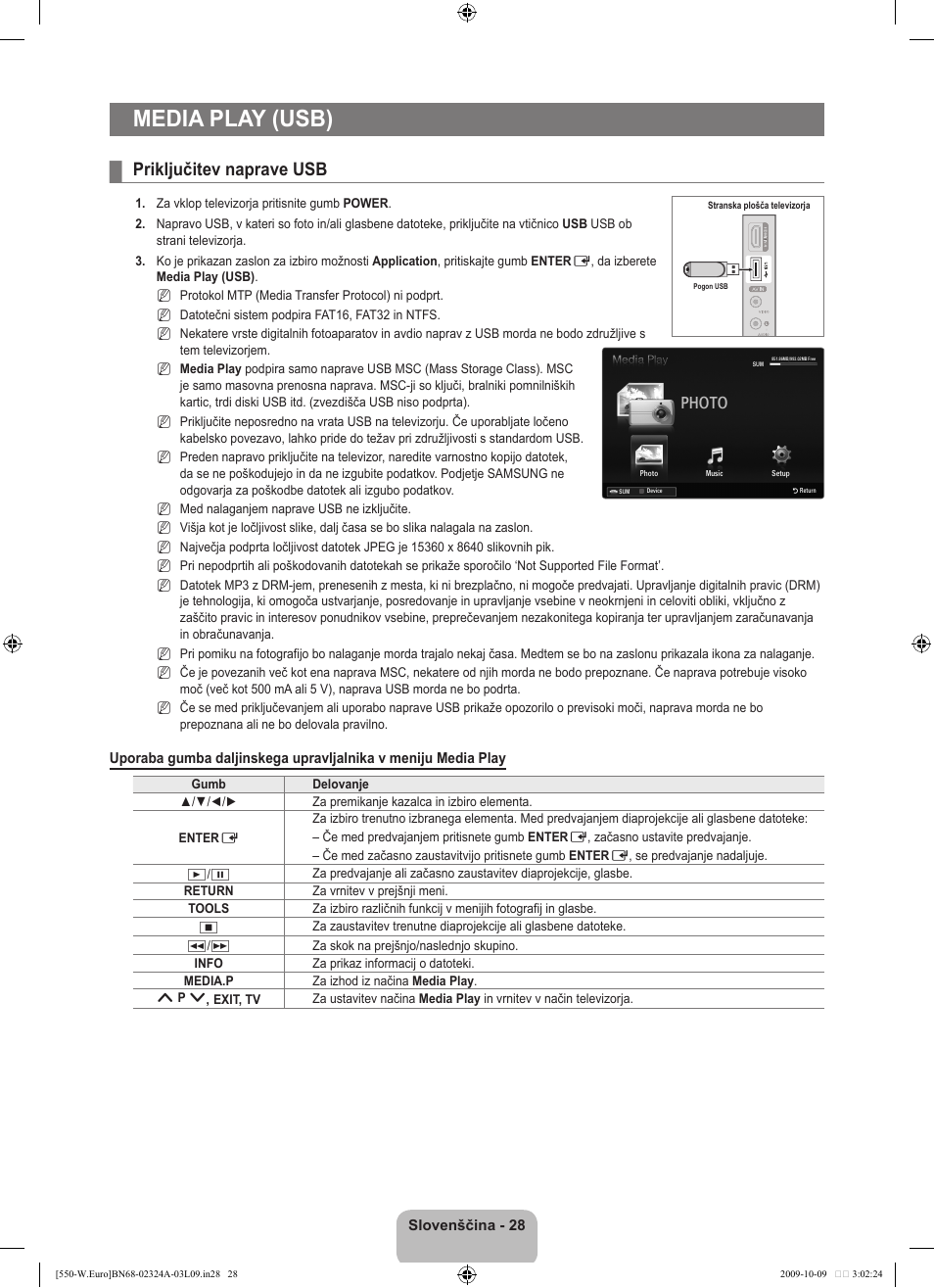 Media play (usb), Priključitev naprave usb, Photo | Samsung LE32B550A5P User Manual | Page 382 / 458