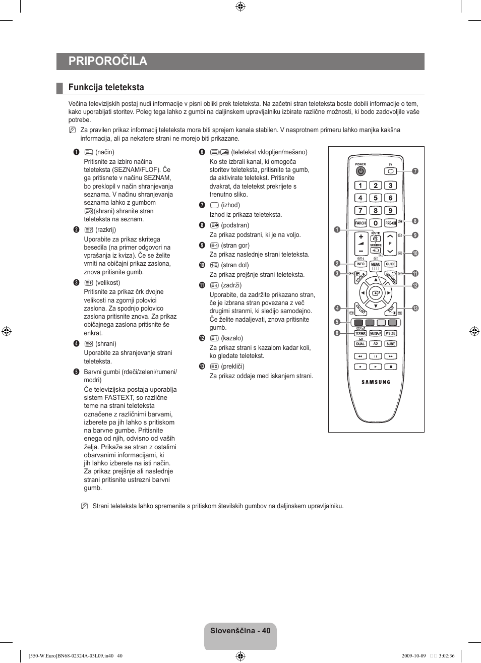 Priporočila, Funkcija teleteksta | Samsung LE32B550A5P User Manual | Page 394 / 458
