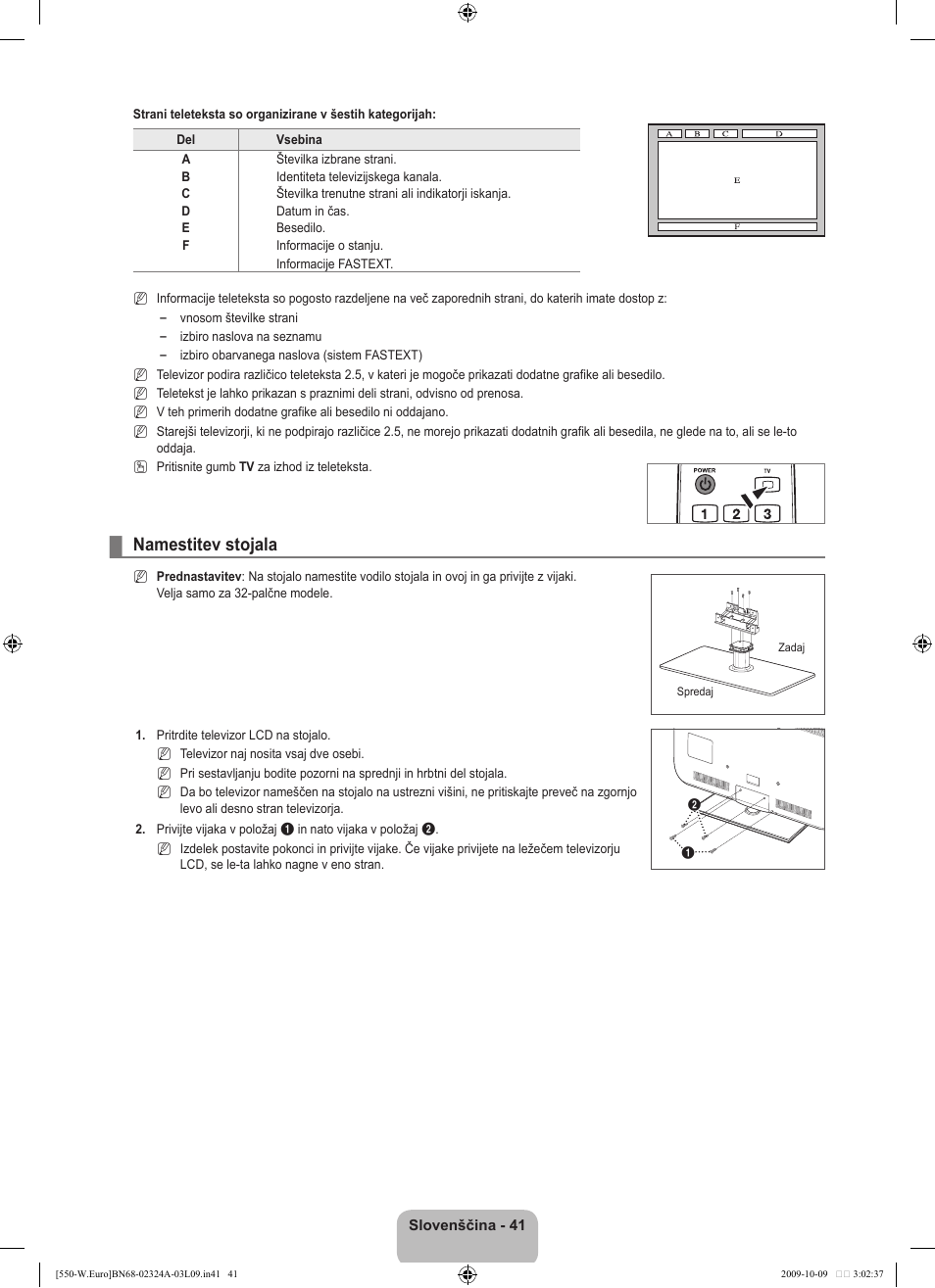 Namestitev stojala | Samsung LE32B550A5P User Manual | Page 395 / 458