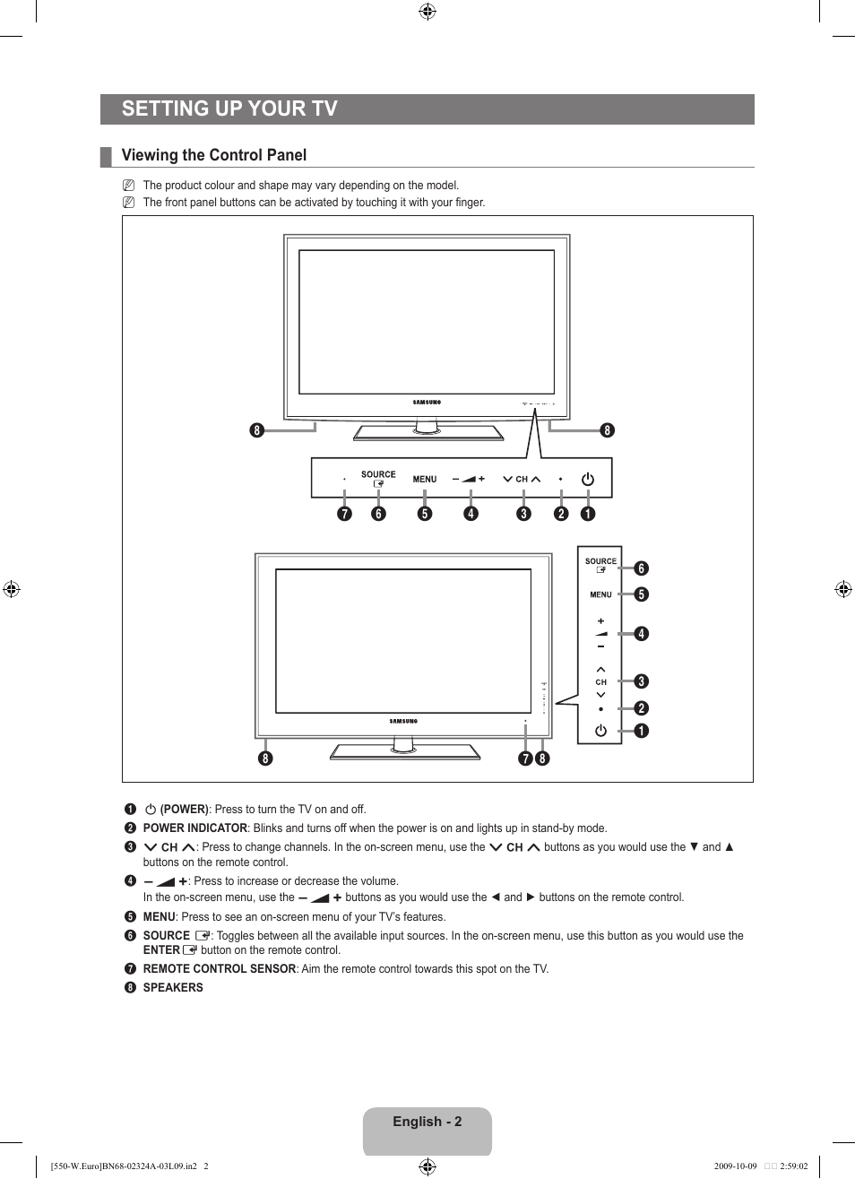 Seting up your tv, Viewing the control panel, Setting up your tv | Samsung LE32B550A5P User Manual | Page 4 / 458