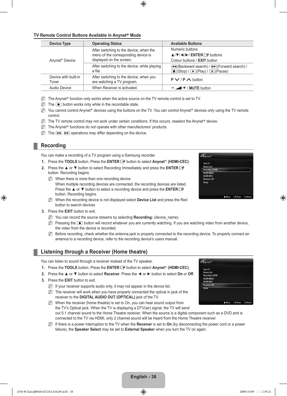 Recording, Listening through a receiver (home theatre) | Samsung LE32B550A5P User Manual | Page 40 / 458