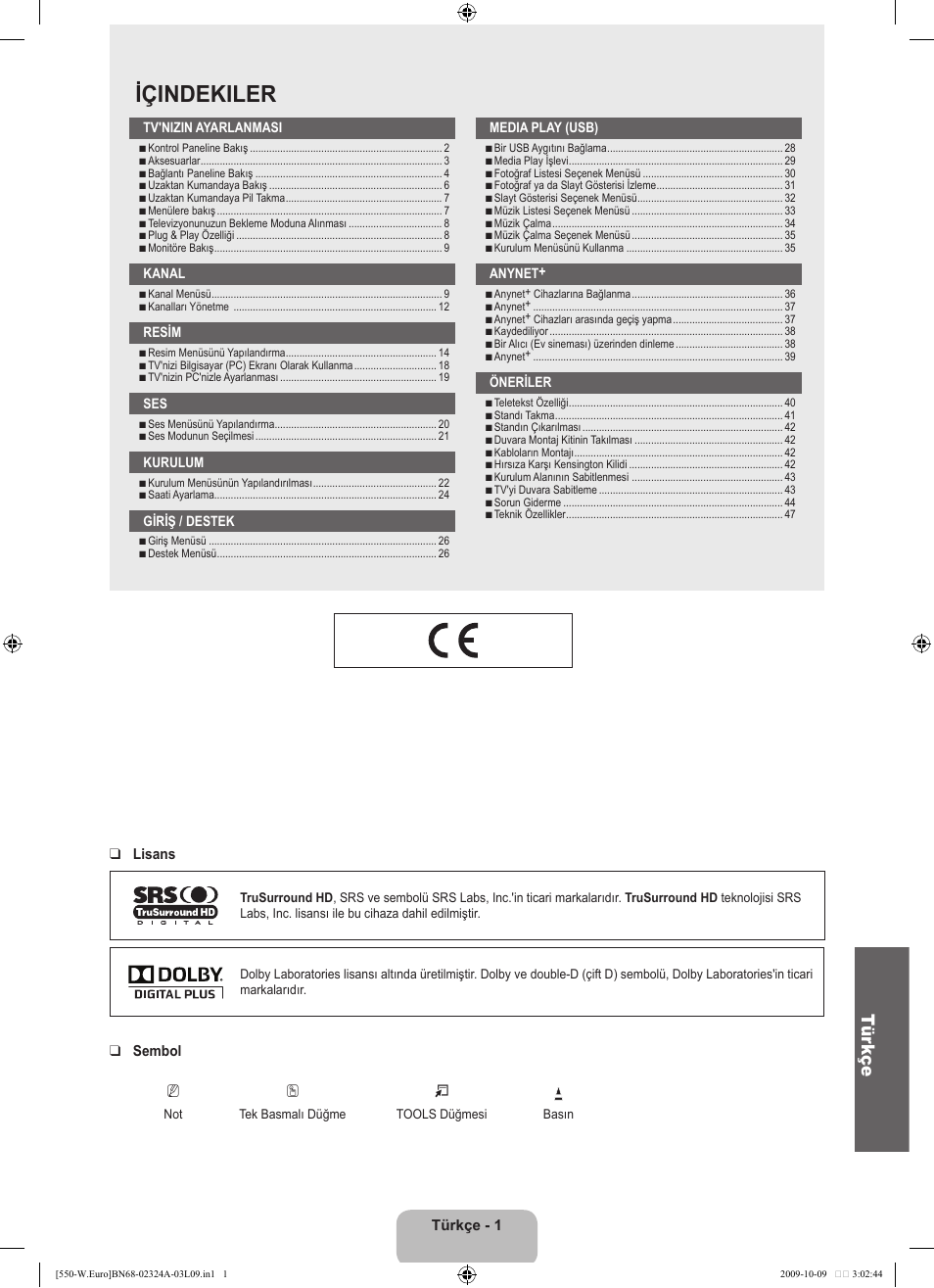 Içindekiler, Tür kçe | Samsung LE32B550A5P User Manual | Page 403 / 458