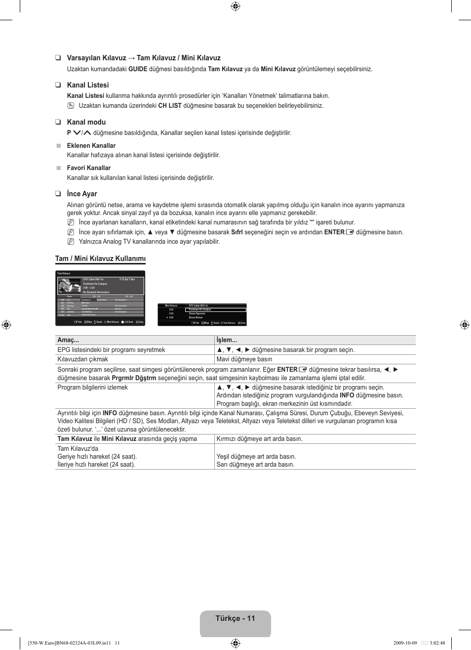 Kanal listesi, Kanal modu, Ince ayar | Tam / mini kılavuz kullanımı | Samsung LE32B550A5P User Manual | Page 413 / 458