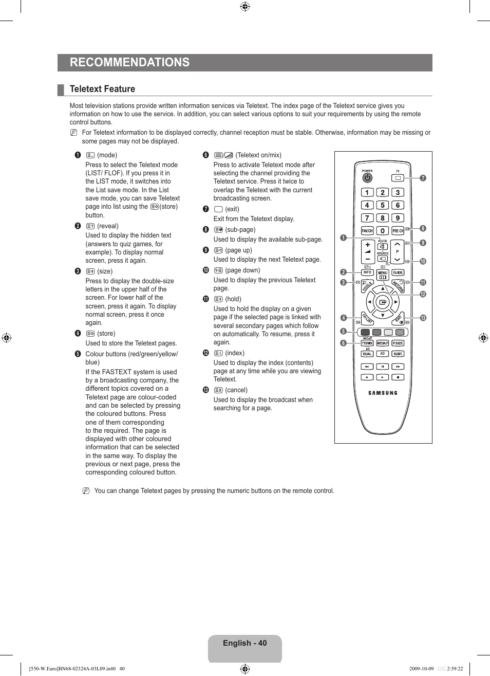 Recommendations, Teletext feature | Samsung LE32B550A5P User Manual | Page 42 / 458