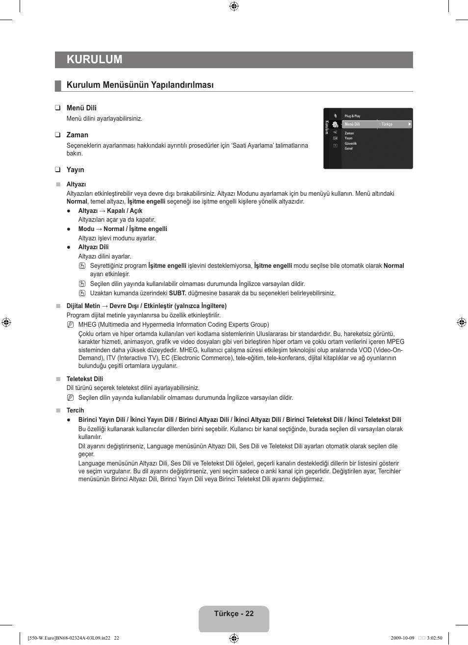Kurulum, Kurulum menüsünün yapılandırılması | Samsung LE32B550A5P User Manual | Page 424 / 458