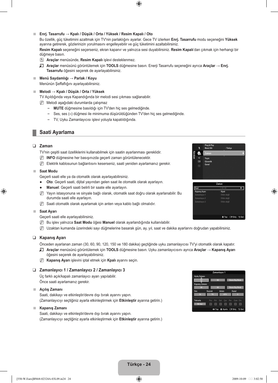 Saati ayarlama, Türkçe - 24, Zaman | Kapanış ayarı, Zamanlayıcı 1 / zamanlayıcı 2 / zamanlayıcı 3 | Samsung LE32B550A5P User Manual | Page 426 / 458