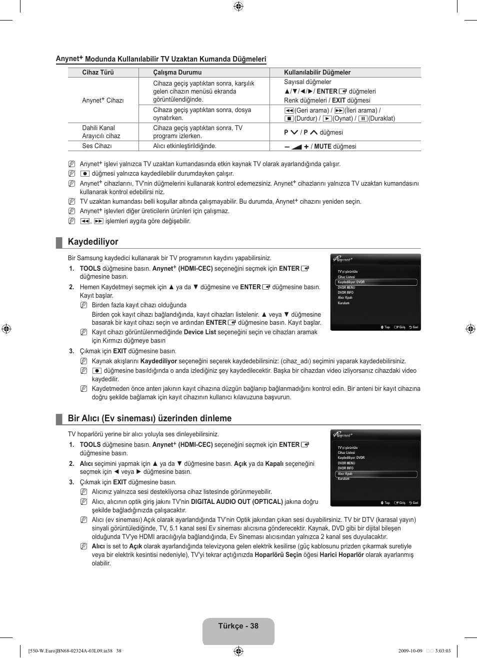 Kaydediliyor, Bir alıcı (ev sineması) üzerinden dinleme | Samsung LE32B550A5P User Manual | Page 440 / 458