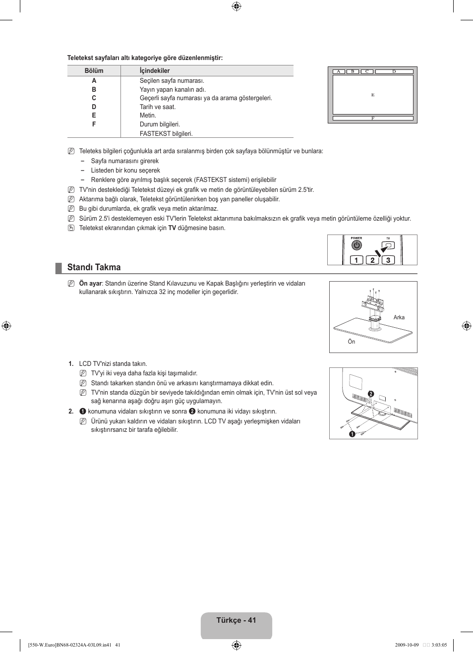 Standı takma | Samsung LE32B550A5P User Manual | Page 443 / 458