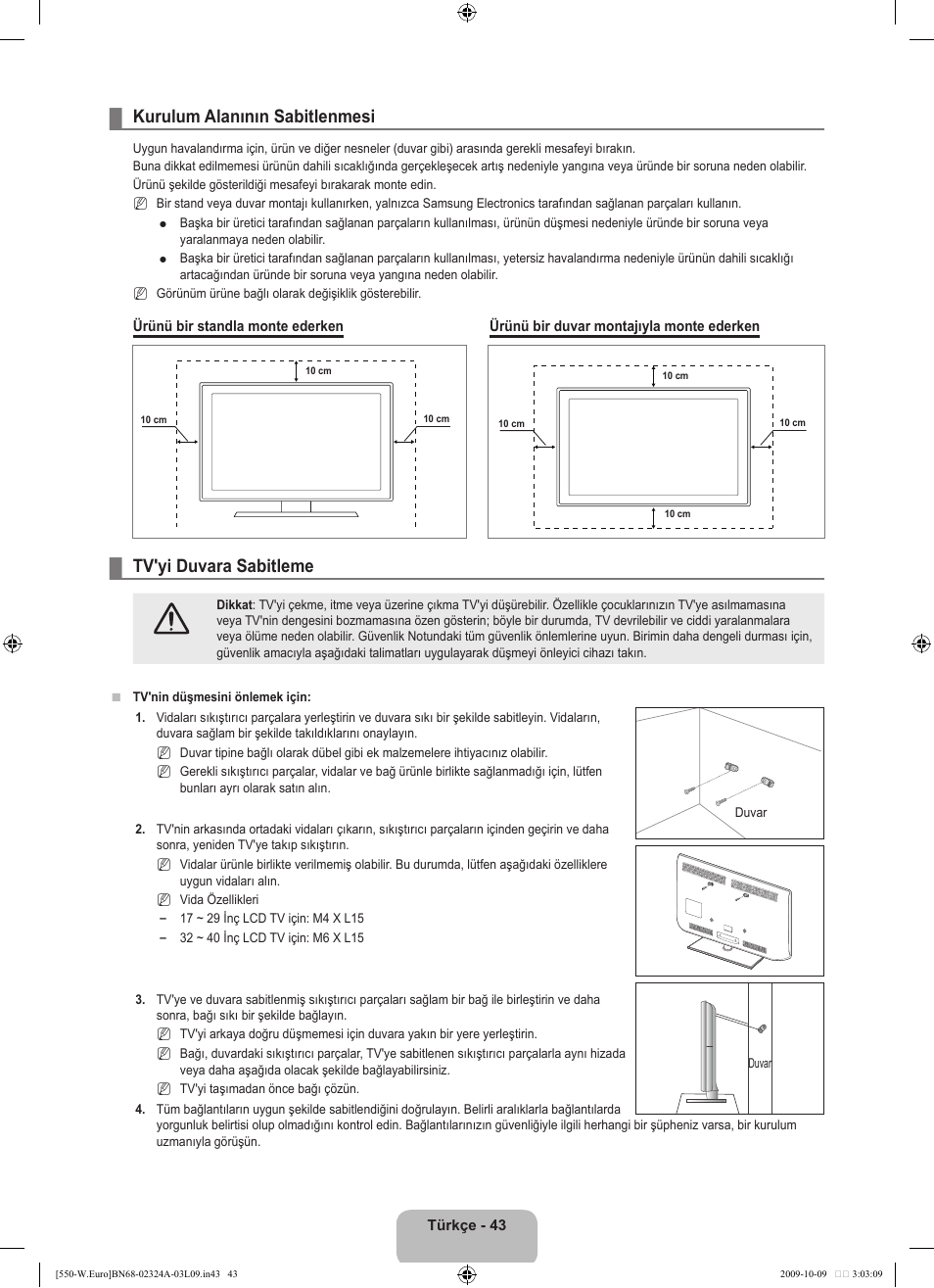 Kurulum alanının sabitlenmesi, Tv'yi duvara sabitleme | Samsung LE32B550A5P User Manual | Page 445 / 458