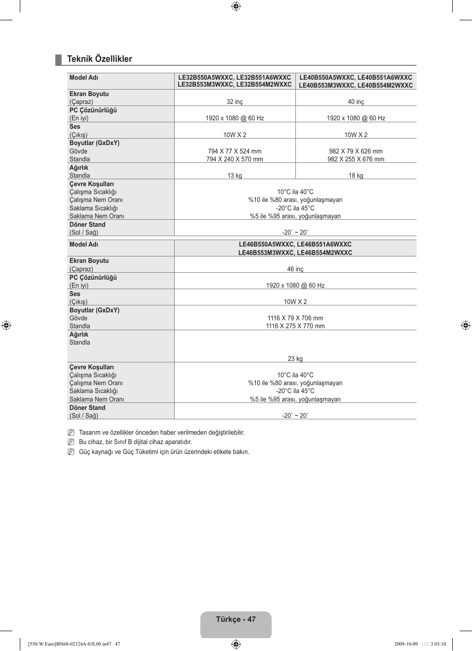 Teknik özellikler | Samsung LE32B550A5P User Manual | Page 449 / 458