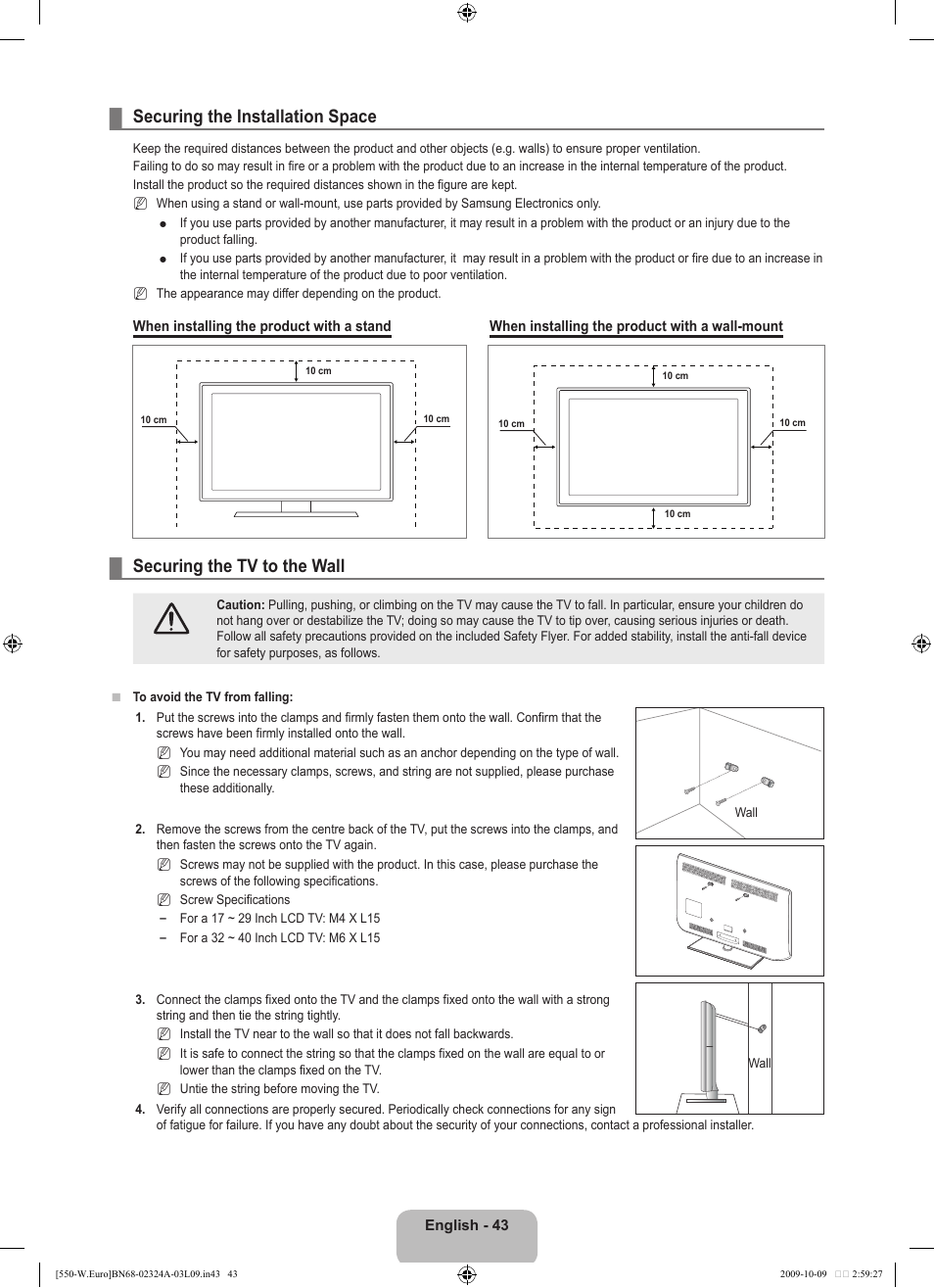 Securing the installation space, Securing the tv to the wall | Samsung LE32B550A5P User Manual | Page 45 / 458