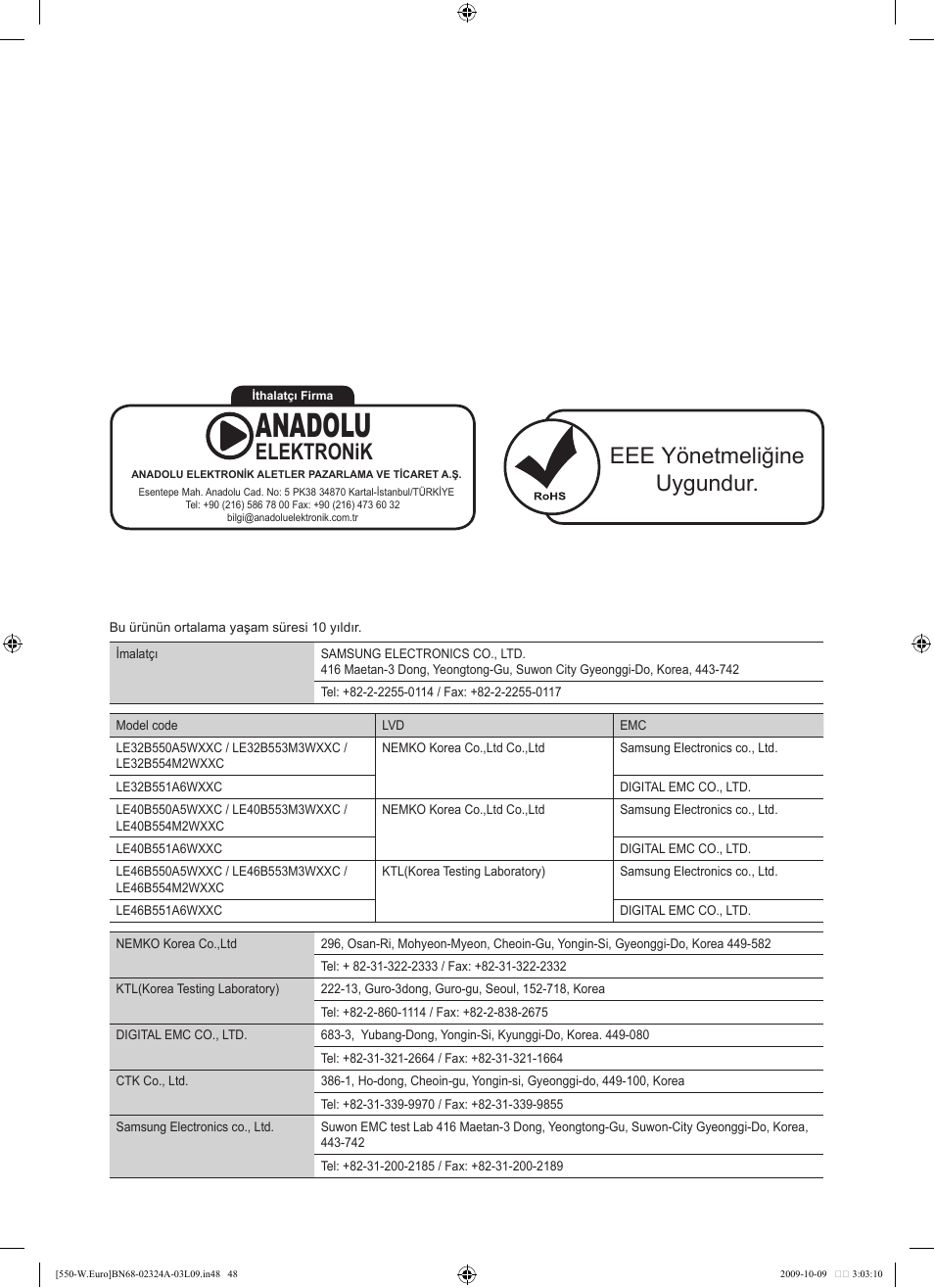 Anadolu, Eee yönetmeliğine uygundur, Elektronik | Samsung LE32B550A5P User Manual | Page 450 / 458