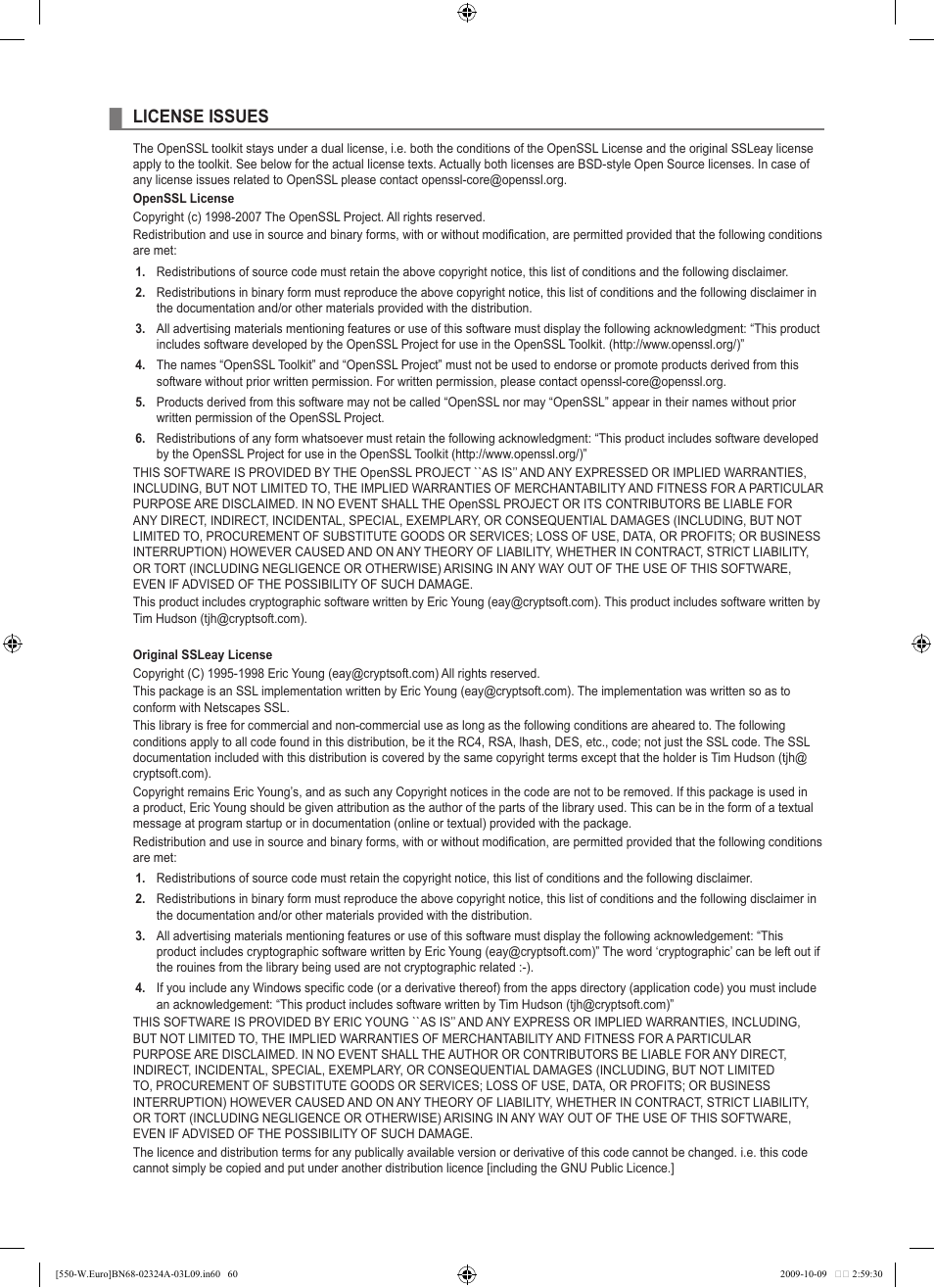 License issues | Samsung LE32B550A5P User Manual | Page 62 / 458