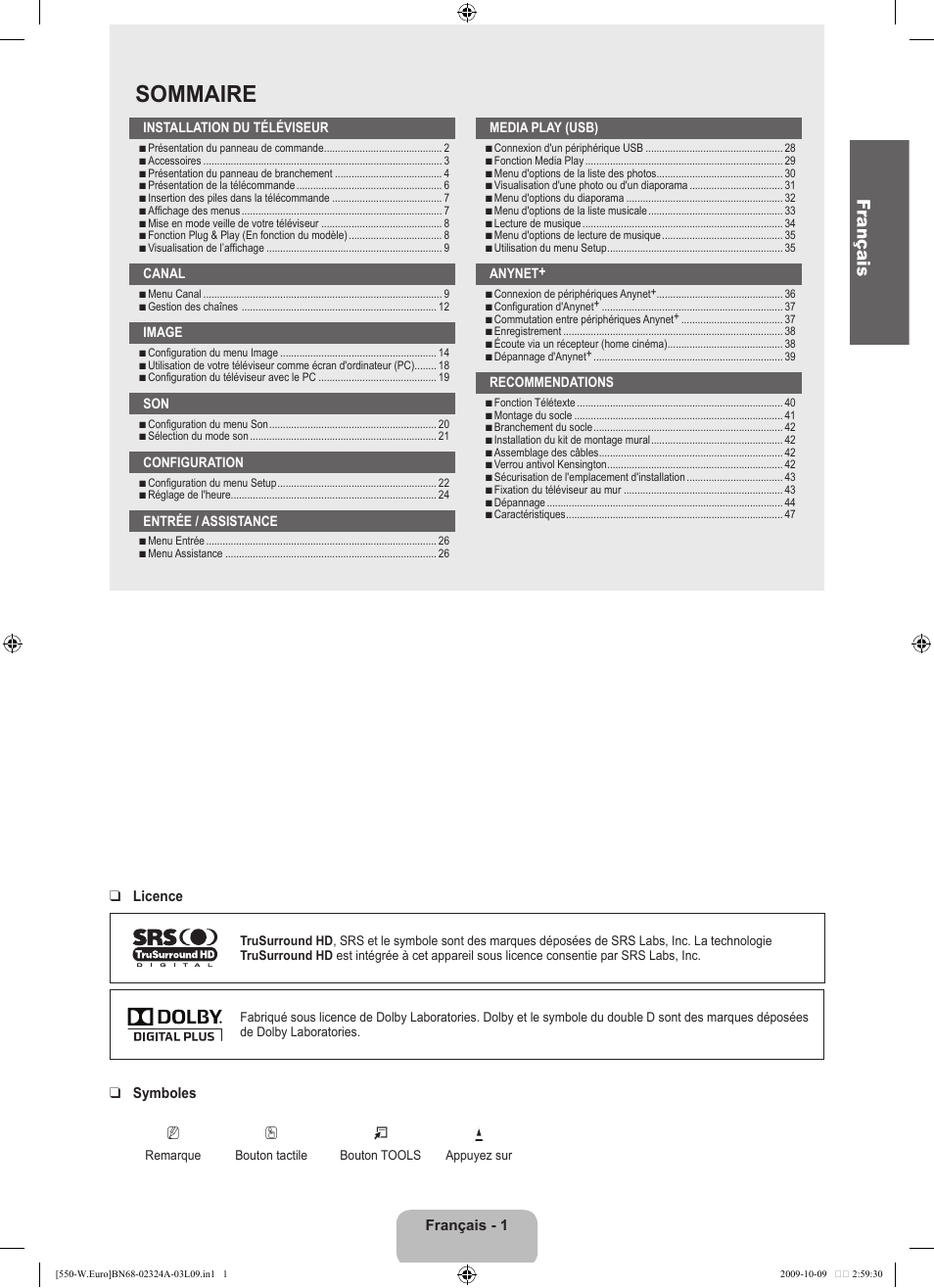 Sommaire, Fr ançais | Samsung LE32B550A5P User Manual | Page 65 / 458
