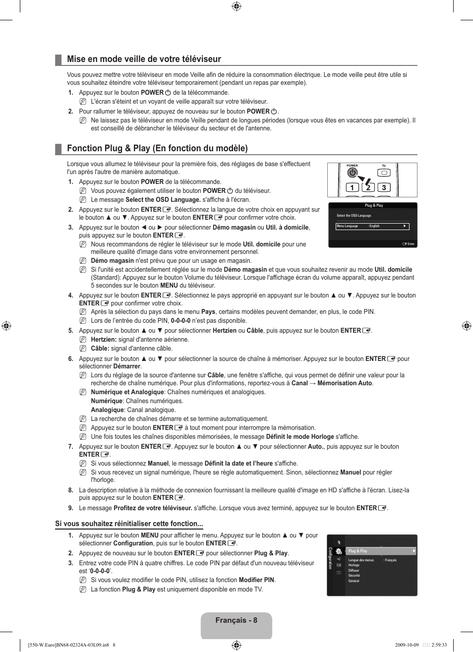 Mise en mode veille de votre téléviseur, Fonction plug & play (en fonction du modèle) | Samsung LE32B550A5P User Manual | Page 72 / 458