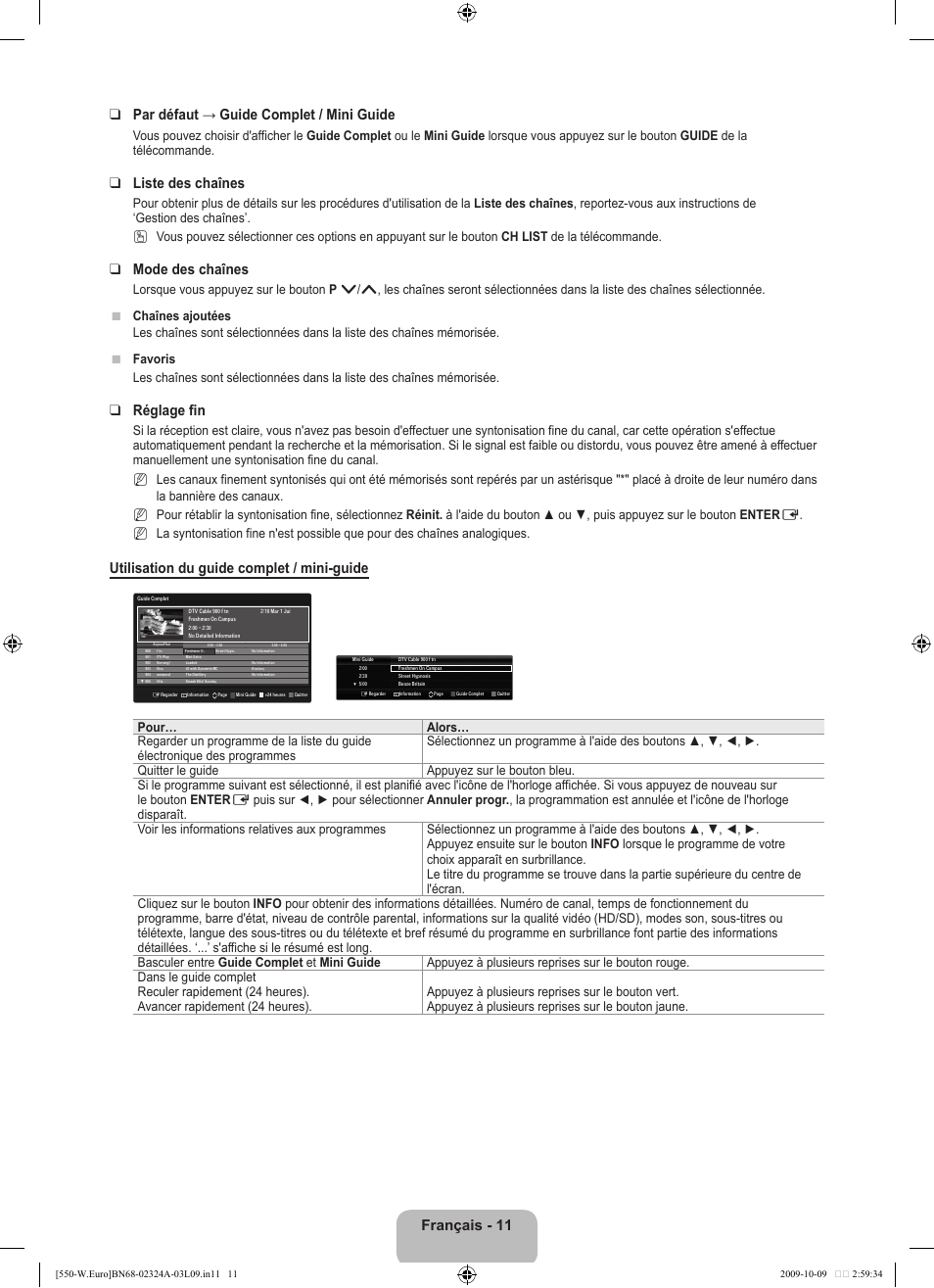 Liste des chaînes, Mode des chaînes, Réglage fin | Utilisation du guide complet / mini-guide | Samsung LE32B550A5P User Manual | Page 75 / 458