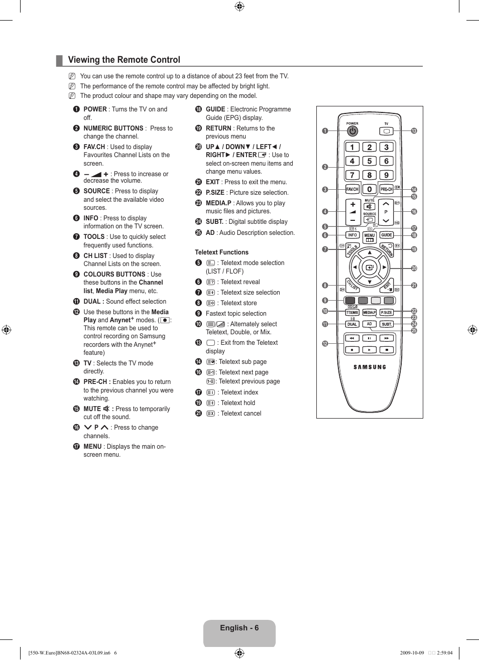 Viewing the remote control | Samsung LE32B550A5P User Manual | Page 8 / 458