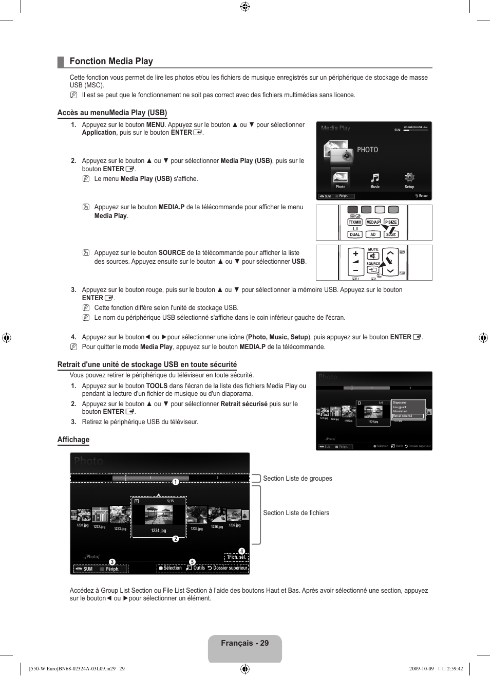Fonction media play, Français - 29, Accès au menumedia play (usb) | Affichage, Photo | Samsung LE32B550A5P User Manual | Page 93 / 458