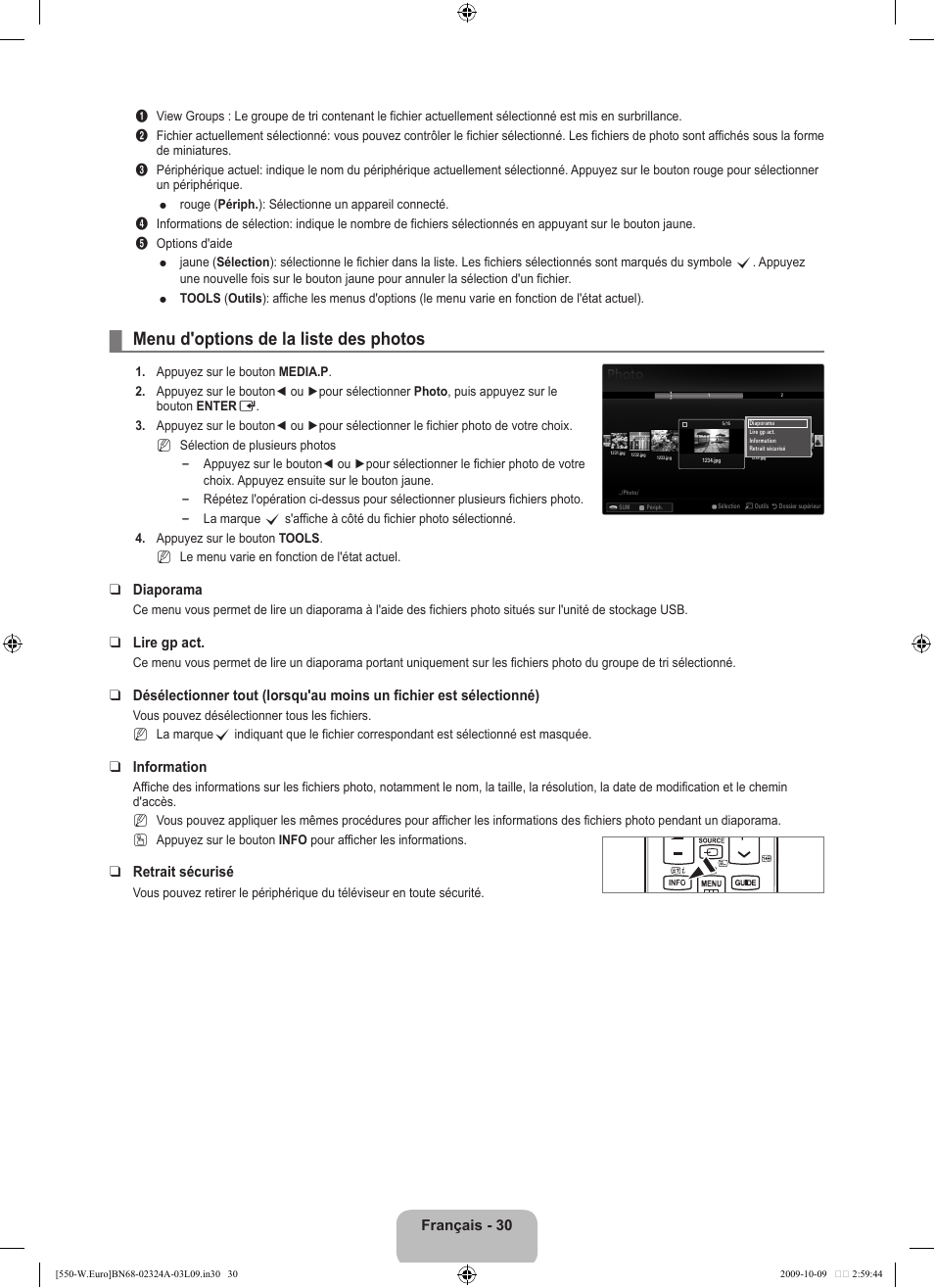 Menu d'options de la liste des photos, Français - 30, Diaporama | Lire gp act, Information, Retrait sécurisé | Samsung LE32B550A5P User Manual | Page 94 / 458