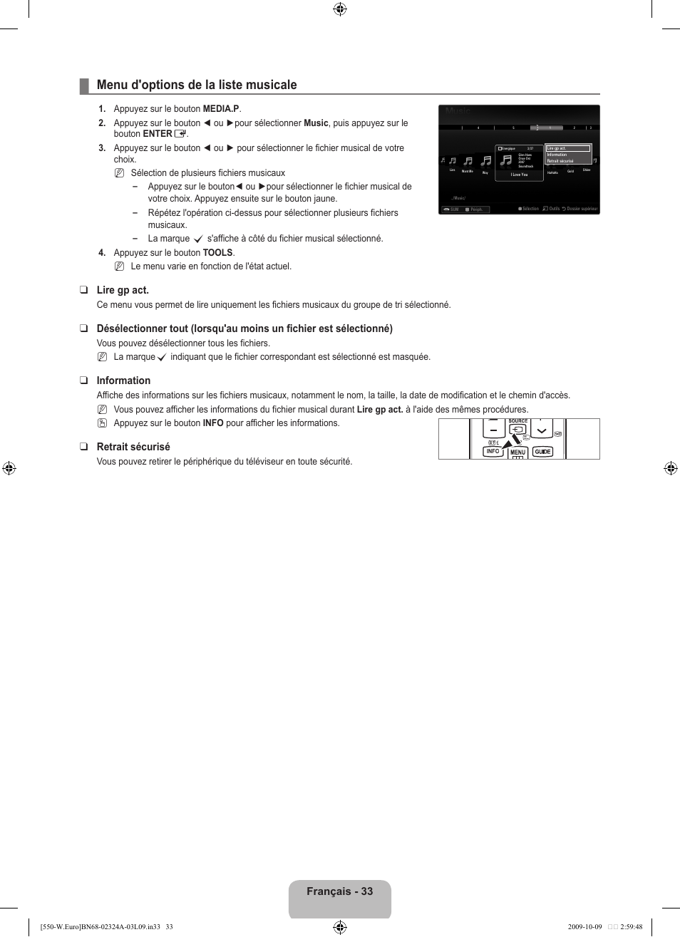 Menu d'options de la liste musicale, Français - 33, Lire gp act | Information, Retrait sécurisé | Samsung LE32B550A5P User Manual | Page 97 / 458