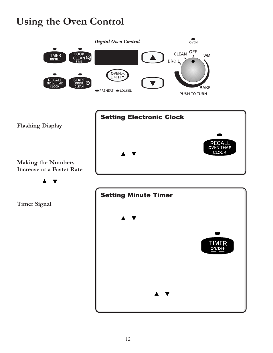 Using the oven control, Setting electronic clock, Setting minute timer | Flashing display, Making the numbers increase at a faster rate, Timer signal | Amana BIGOVEN ACF4205A User Manual | Page 12 / 32