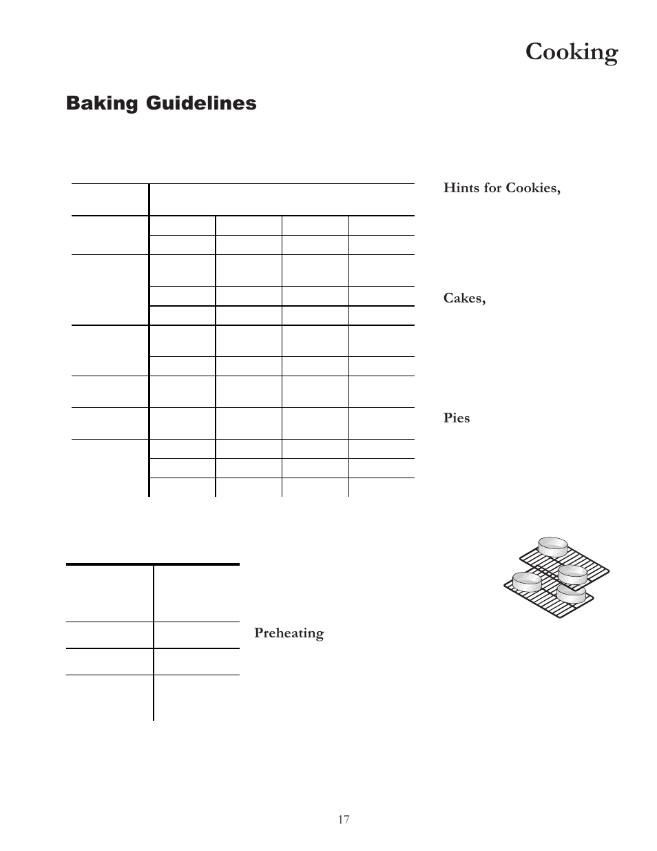 Cooking, Baking guidelines, Hints for cookies | Cakes, Pies, Preheating | Amana BIGOVEN ACF4205A User Manual | Page 17 / 32