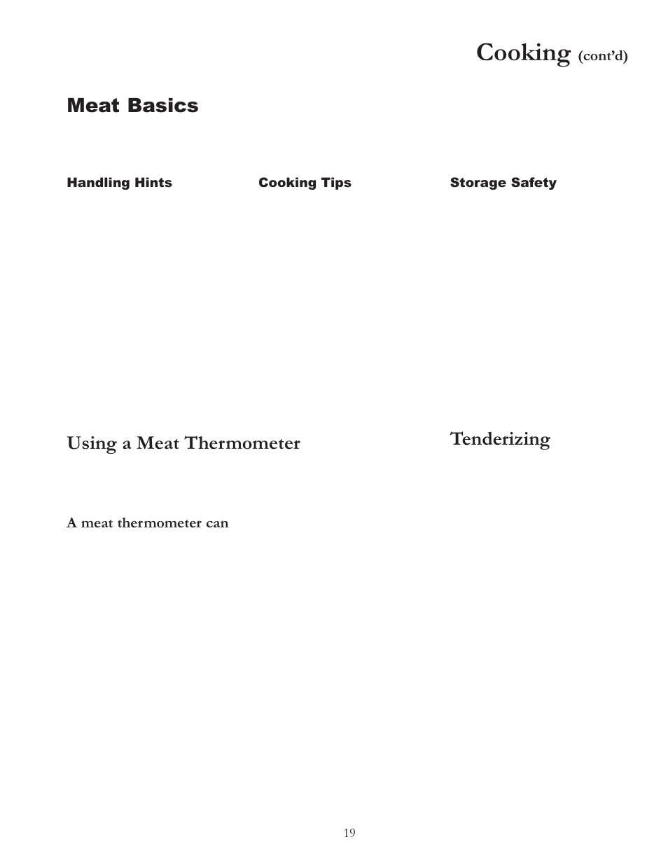 Cooking, Meat basics, Using a meat thermometer | Tenderizing, Contd), A meat thermometer can | Amana BIGOVEN ACF4205A User Manual | Page 19 / 32