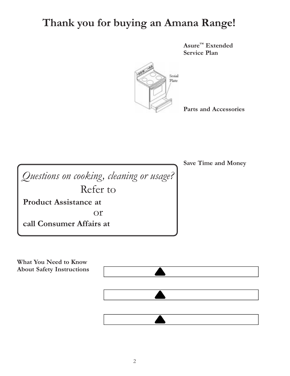 Product assistance at, Call consumer affairs at, Danger | Warning, Caution | Amana BIGOVEN ACF4205A User Manual | Page 2 / 32