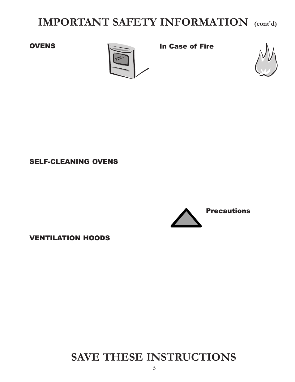 Important safety information, Save these instructions, Ovens | Self-cleaning ovens, Ventilation hoods, Cont'd), Precautions | Amana BIGOVEN ACF4205A User Manual | Page 5 / 32