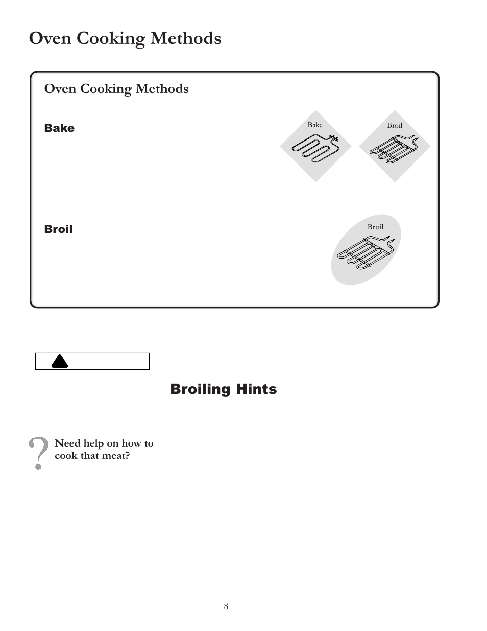 Broiling hints, Oven cooking methods, Warning | Amana BIGOVEN ACF4205A User Manual | Page 8 / 32