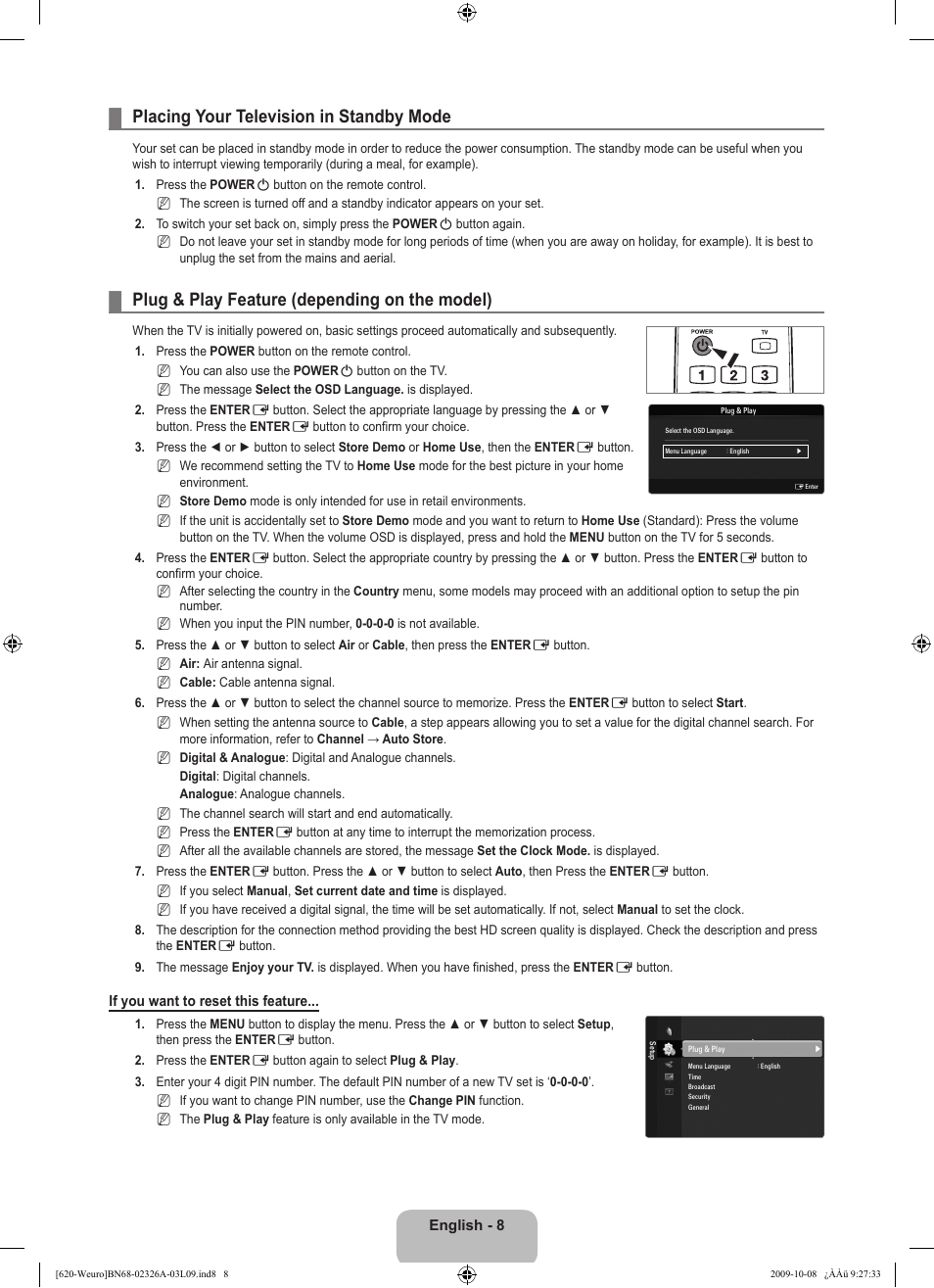 Placing your television in standby mode, Plug & play feature (depending on the model) | Samsung LE46B620R3W User Manual | Page 10 / 458