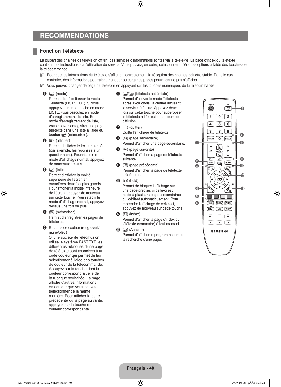 Recommendations, Fonction télétexte | Samsung LE46B620R3W User Manual | Page 104 / 458