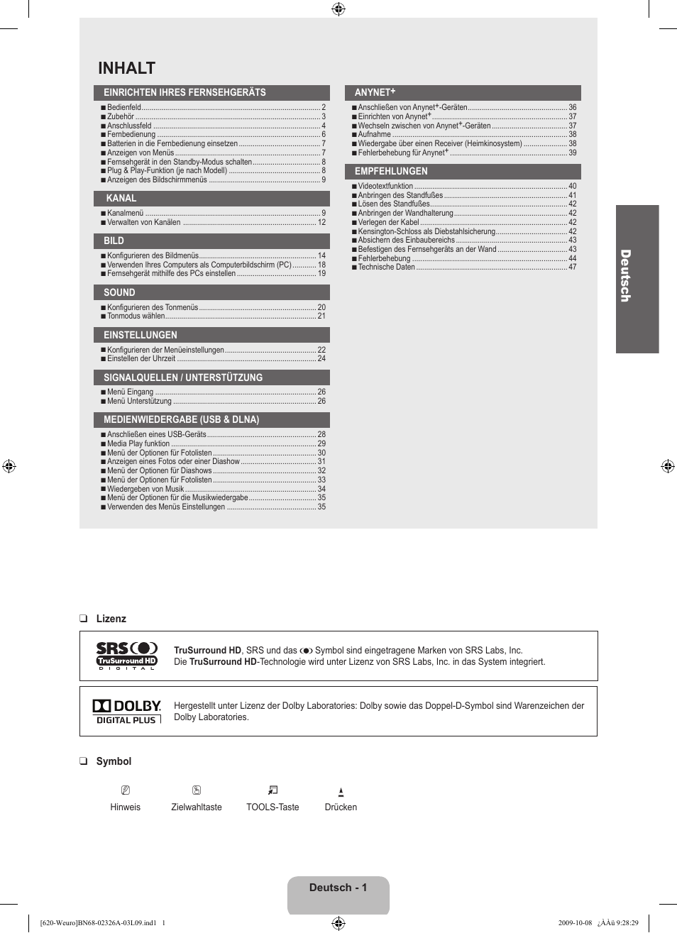 Inhalt, Deutsc h | Samsung LE46B620R3W User Manual | Page 113 / 458