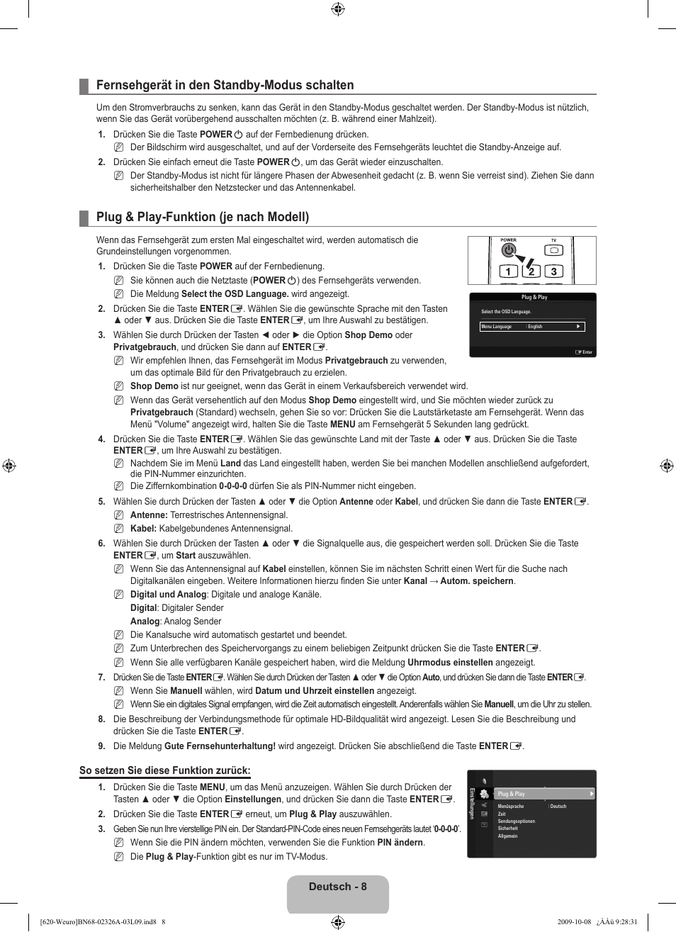 Fernsehgerät in den standby-modus schalten, Plug & play-funktion (je nach modell) | Samsung LE46B620R3W User Manual | Page 120 / 458