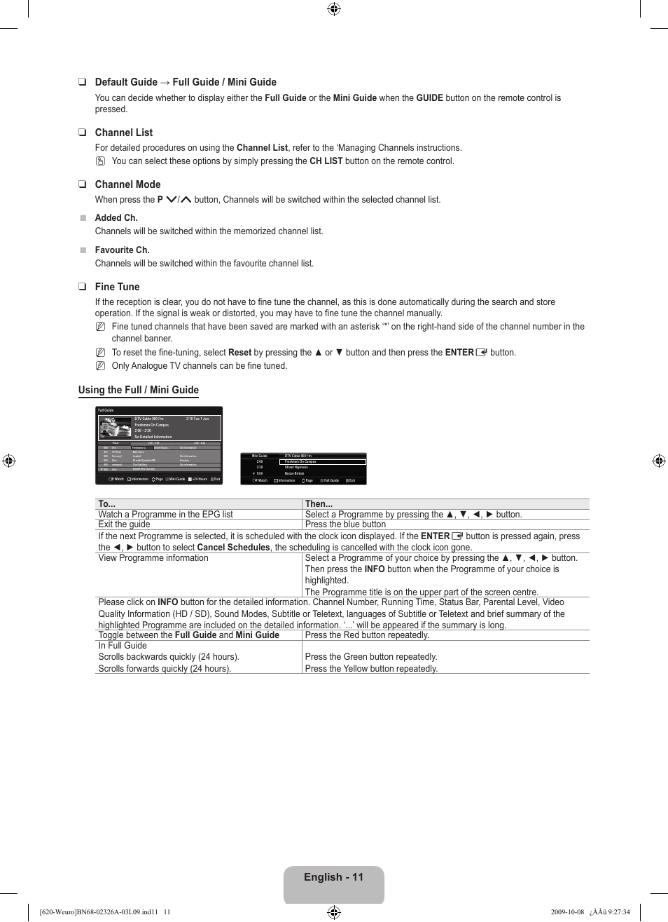 Channel list, Channel mode, Fine tune | Using the full / mini guide | Samsung LE46B620R3W User Manual | Page 13 / 458