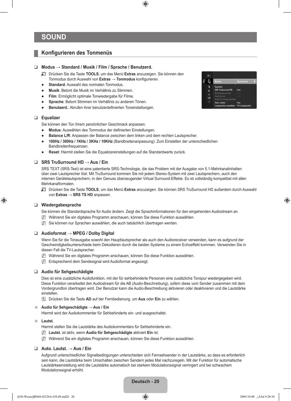 Sound, Konfigurieren des tonmenüs | Samsung LE46B620R3W User Manual | Page 132 / 458