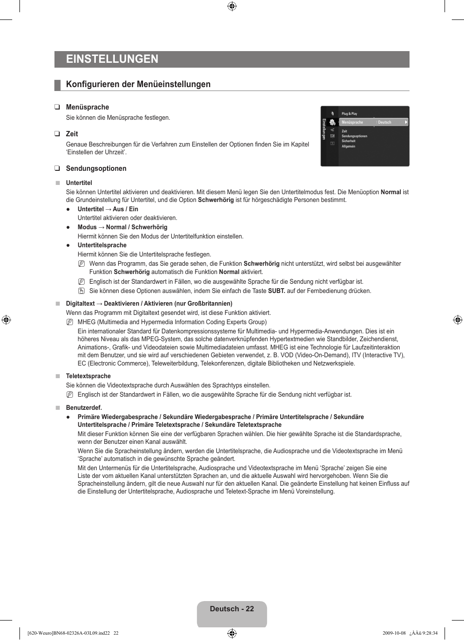 Einstellungen, Konfigurieren der menüeinstellungen | Samsung LE46B620R3W User Manual | Page 134 / 458