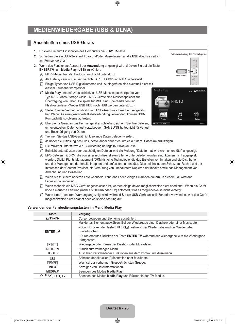 Medienwiedergabe (usb & dlna), Anschließen eines usb-geräts, Photo | Samsung LE46B620R3W User Manual | Page 140 / 458