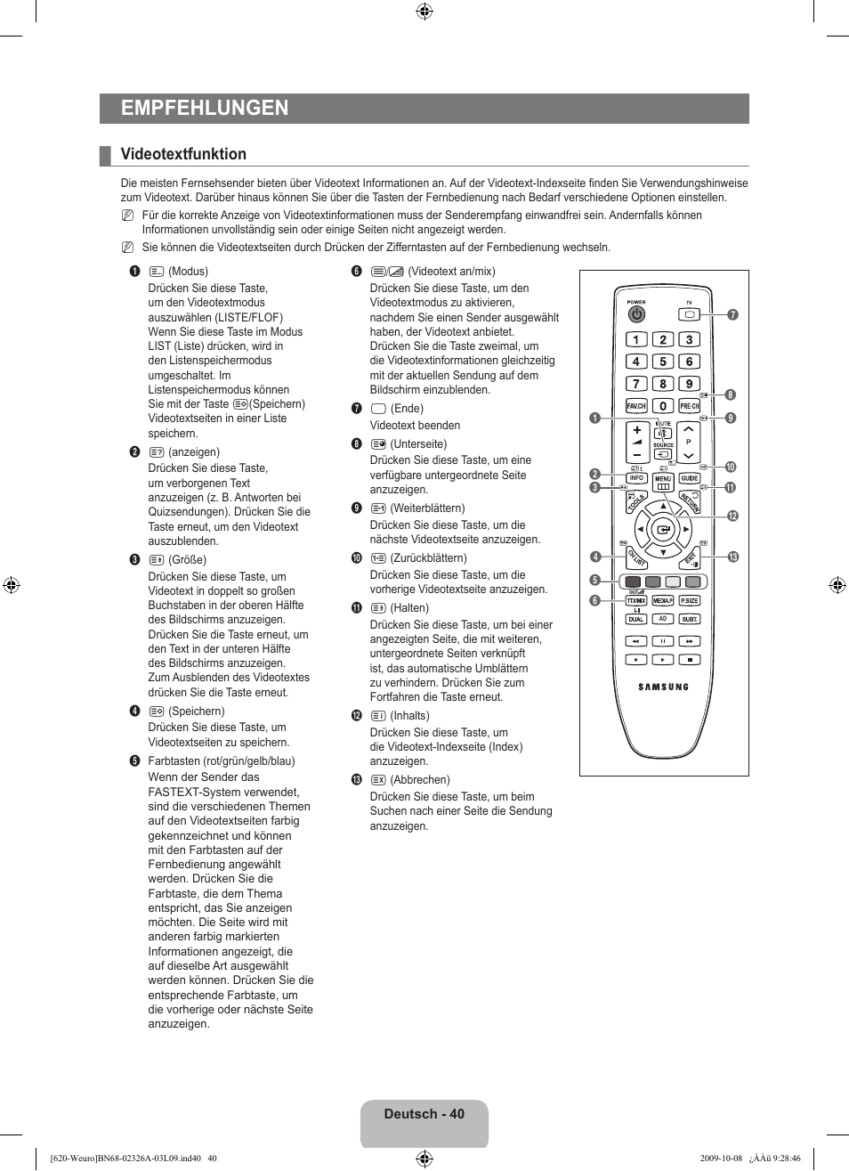 Empfehlungen, Videotextfunktion | Samsung LE46B620R3W User Manual | Page 152 / 458