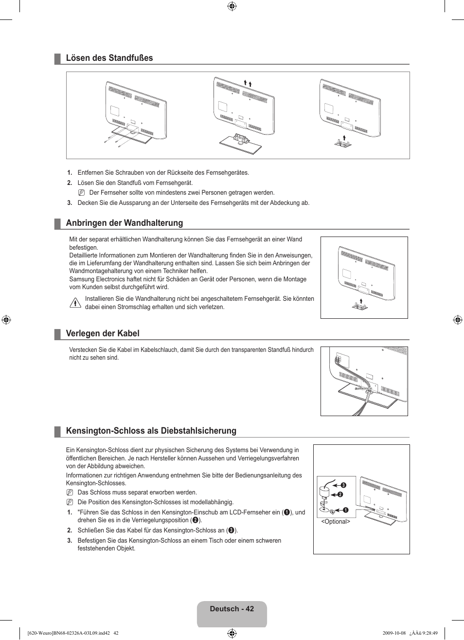 Lösen des standfußes, Anbringen der wandhalterung, Verlegen der kabel | Kensington-schloss als diebstahlsicherung | Samsung LE46B620R3W User Manual | Page 154 / 458