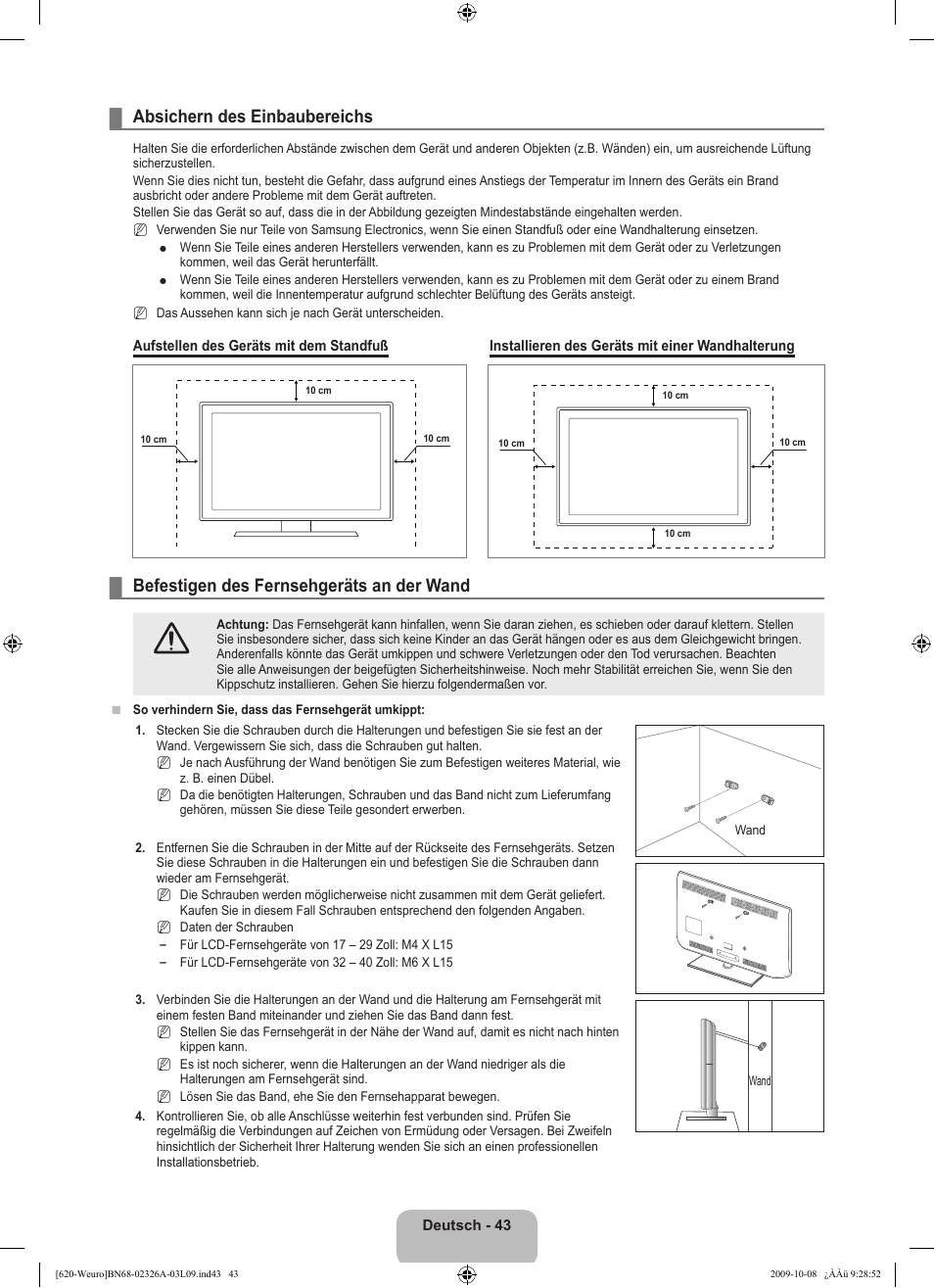 Absichern des einbaubereichs, Befestigen des fernsehgeräts an der wand | Samsung LE46B620R3W User Manual | Page 155 / 458