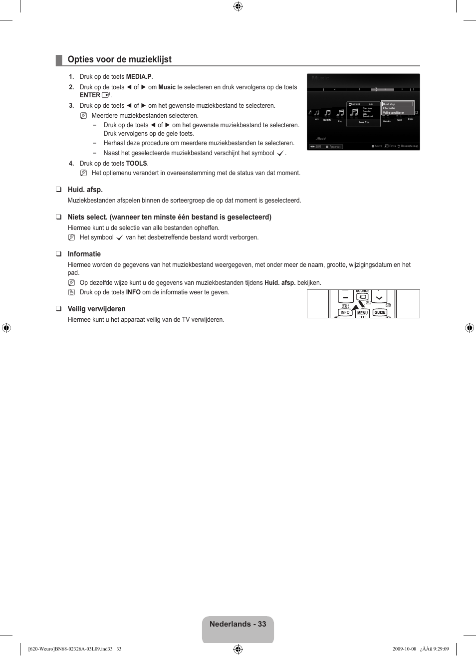 Opties voor de muzieklijst, Nederlands - 33, Huid. afsp | Informatie, Veilig verwijderen | Samsung LE46B620R3W User Manual | Page 193 / 458