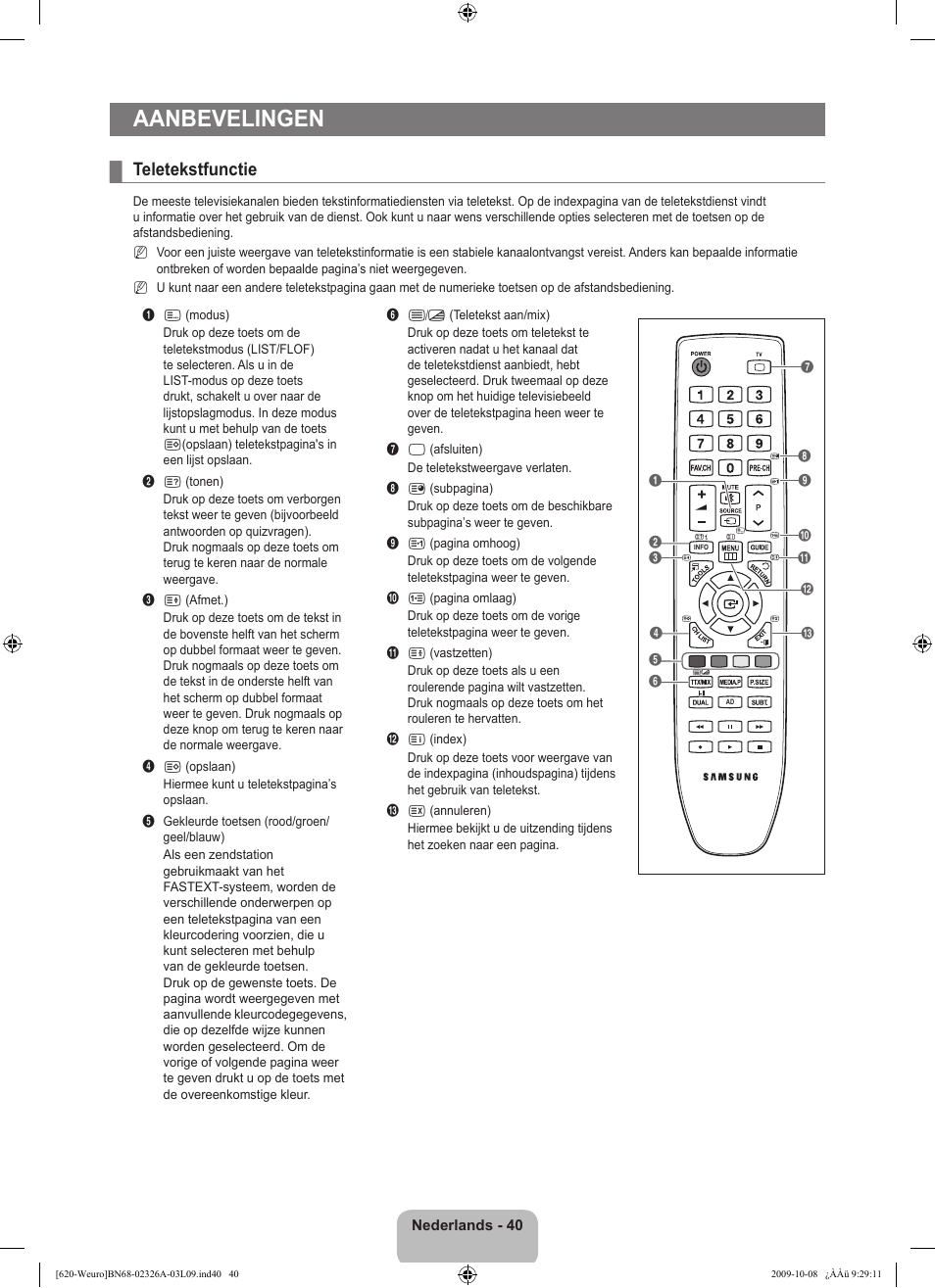 Aanbevelingen, Teletekstfunctie | Samsung LE46B620R3W User Manual | Page 200 / 458