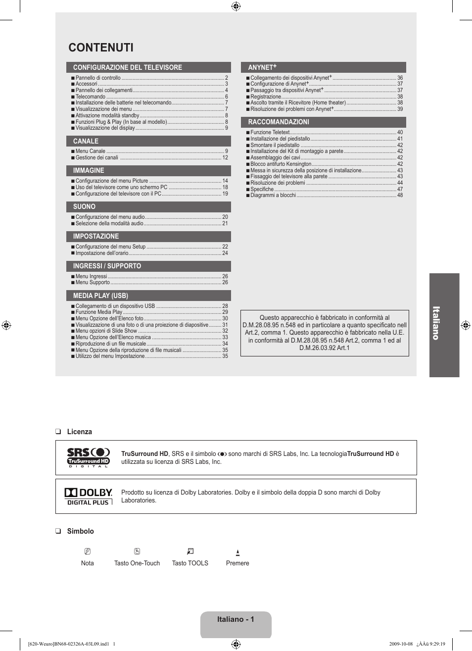 Contenuti, Italiano | Samsung LE46B620R3W User Manual | Page 209 / 458