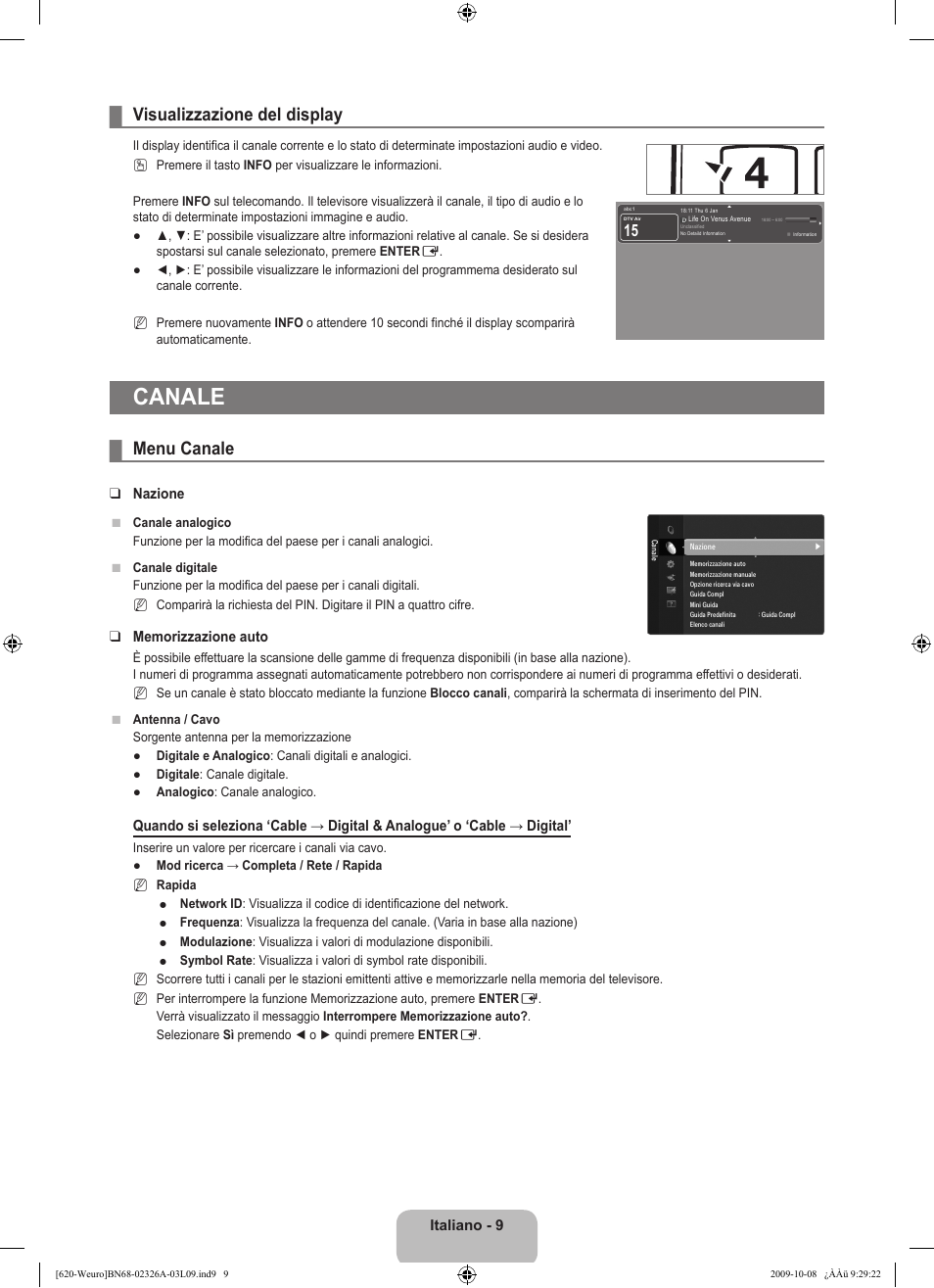 Canale, Info ad, Visualizzazione del display | Menu canale | Samsung LE46B620R3W User Manual | Page 217 / 458