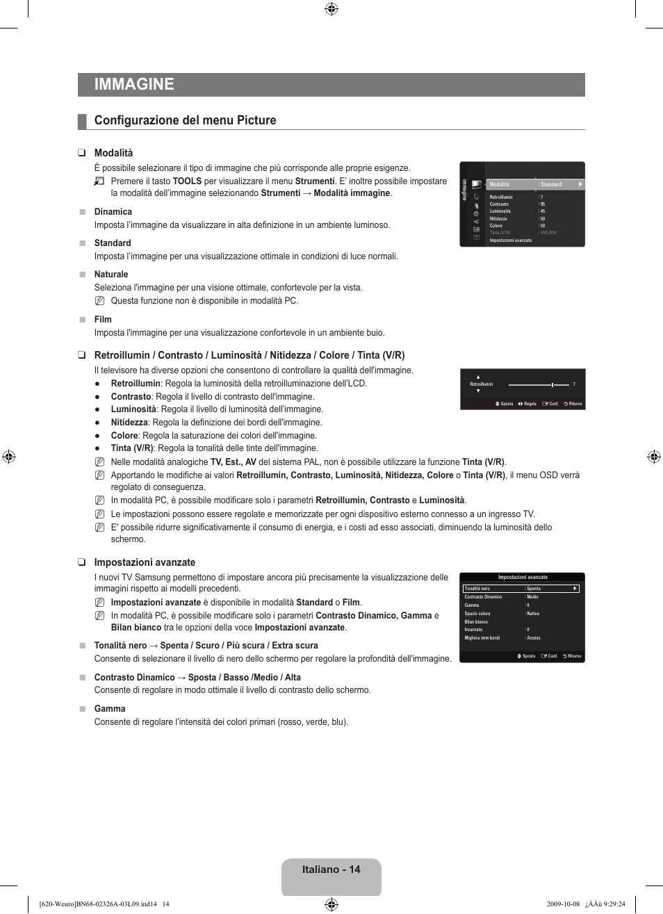 Immagine, Configurazione del menu picture, Italiano - 14 | Modalità, Impostazioni avanzate | Samsung LE46B620R3W User Manual | Page 222 / 458