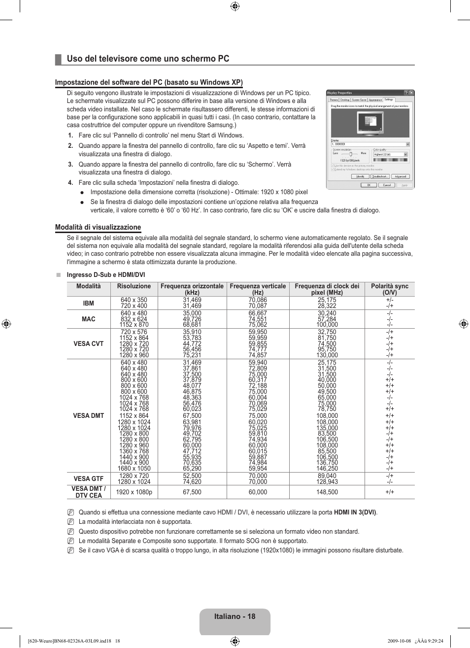 Uso del televisore come uno schermo pc | Samsung LE46B620R3W User Manual | Page 226 / 458