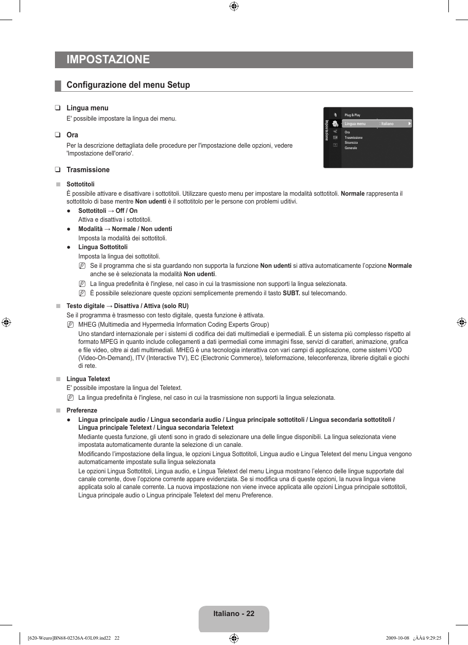 Impostazione, Configurazione del menu setup | Samsung LE46B620R3W User Manual | Page 230 / 458